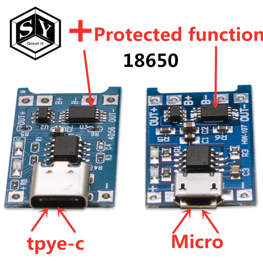 1PCS Great IT 5V 1A Micro USB 18650 type-c Lithium Battery Charging Board Charger Module+Protection Dual Functions TP4056 18650