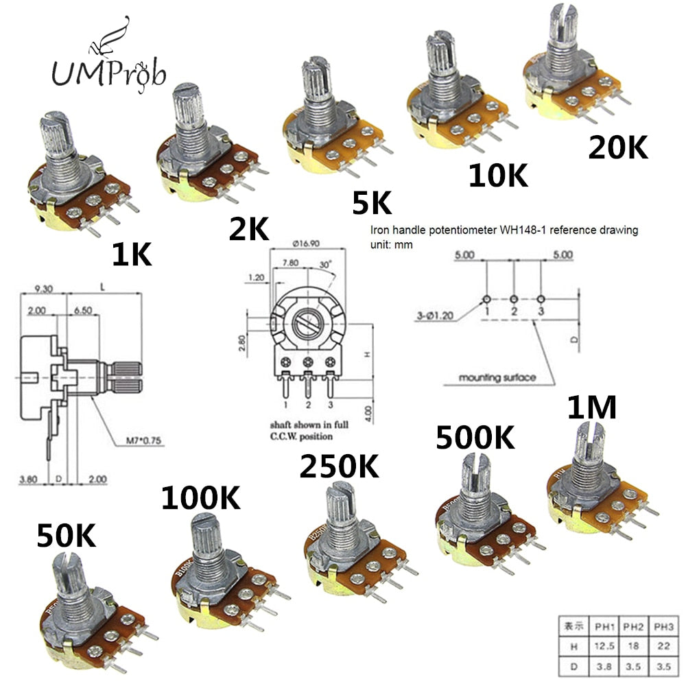 10Pcs WH148 Linear Potentiometer B1K B2K B5K B10K B20K B50K B100K B250K B500K B1M 15mm Shaft With Nuts  Washers 3pin WH148