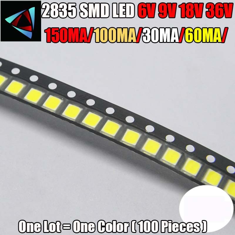 High Brightness SMD LED 2835 1W White 100PCS/Lot  6V 9V 18V 36V 150MA/100MA/30MA/60MA/