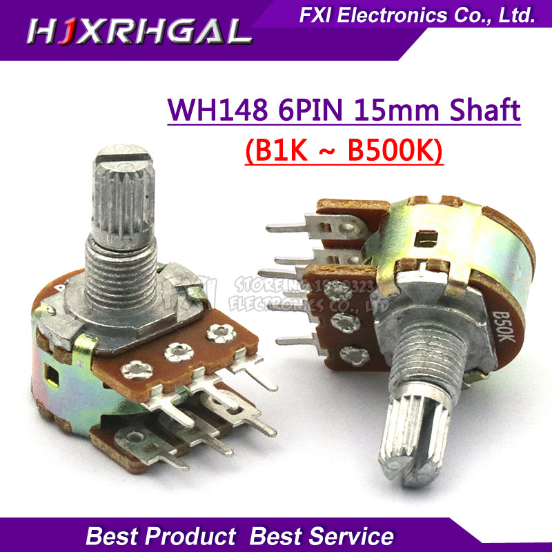 5pcs WH148 B1K B2K B5K B10K B20K B50K B100K B500K 6Pin Shaft  Amplifier Dual Stereo Potentiometer 1K 2K 5K 10K 50K 100K 500K