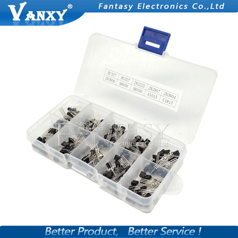10value 200PCS BC337 BC327 2N2222 2N2907 2N3904 2N3906 S8050 S8550 A1015 C1815 Transistor Assortment Kit Transistors Box Pack